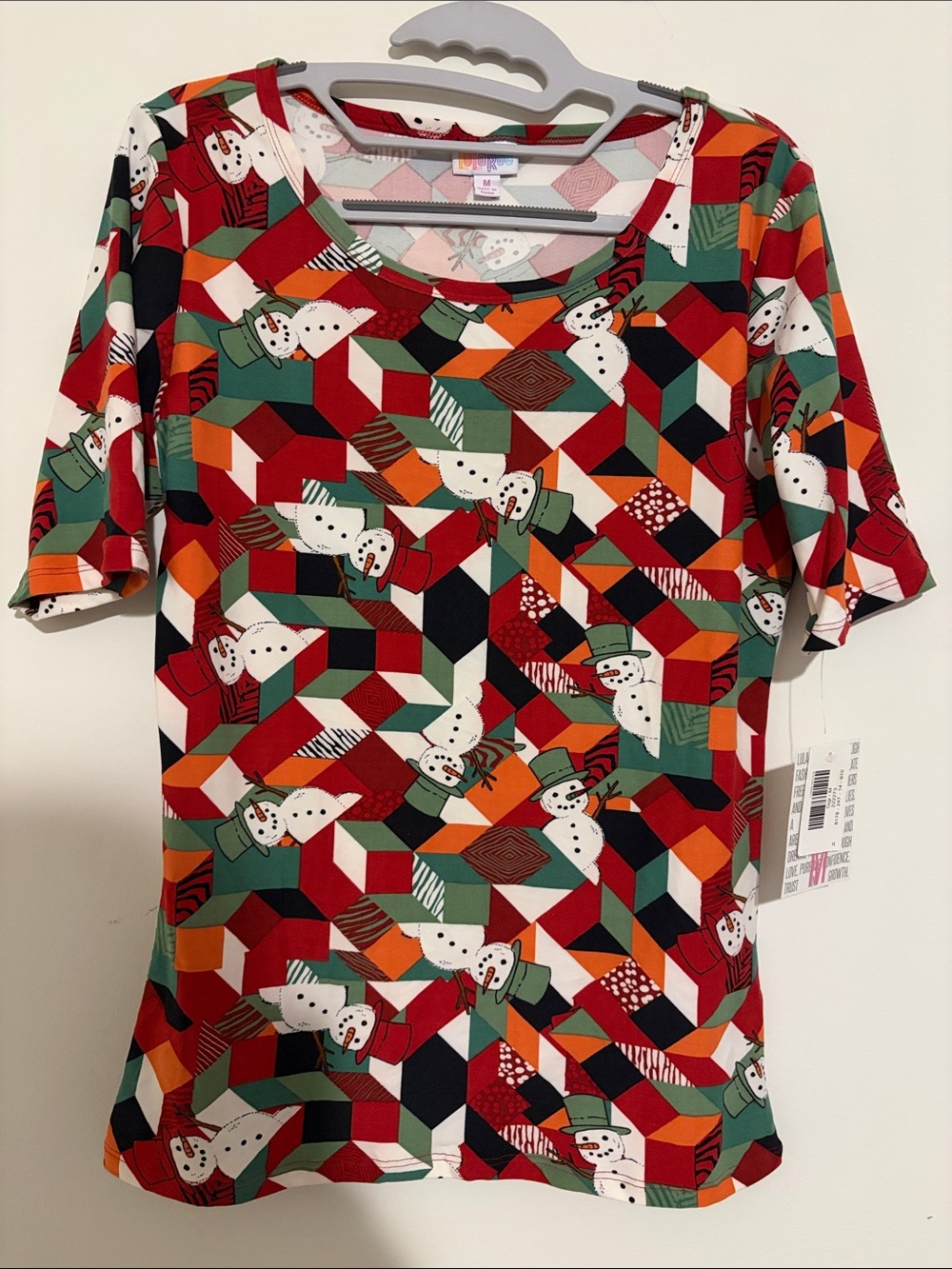 LuLaRoe Short Sleeve Holiday Snowman Tee in Red, Green & Orange